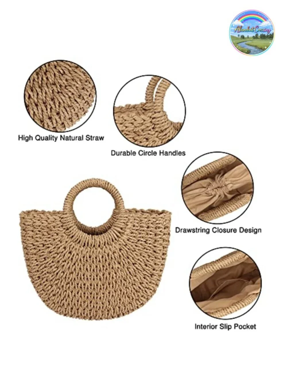 Handwoven Straw Tote Bag Summer Beach Purse